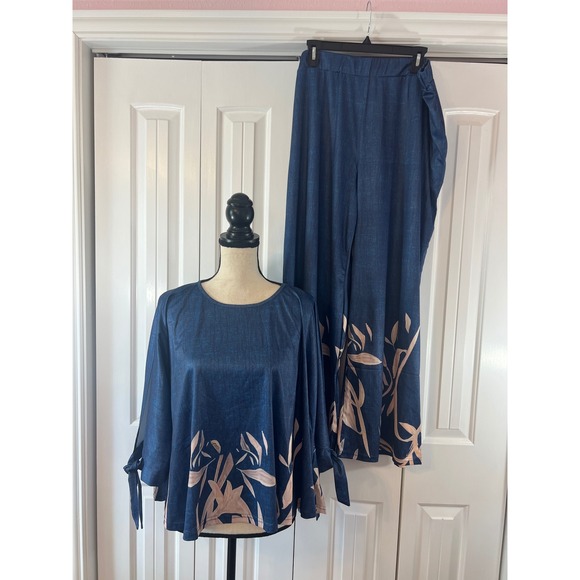 chicme Pants - ChicMe Blue Floral Print 2 Piece Set Top and Wide Leg Pants Womens 4XL 32R0820